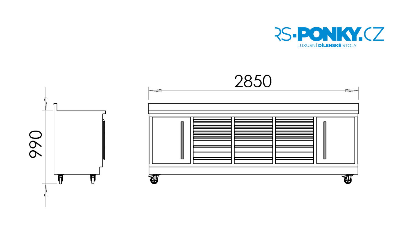 montáž 4ks koleček 125mm na dílenský ponk délky 285cm